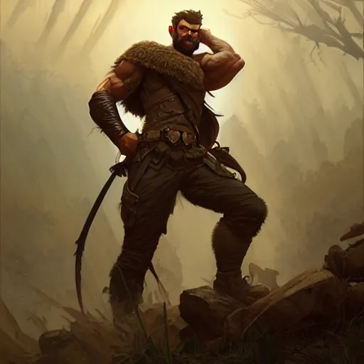 Image similar to young rugged ranger, muscular,, hairy thighs, D&D, fantasy, intricate, cinematic lighting, highly detailed, digital painting, artstation, concept art, smooth, sharp focus, illustration, art by Artgerm and Greg Rutkowski and Alphonse Mucha