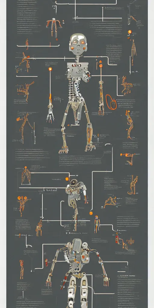 Image similar to anatomy of the terminator, robot, cyborg, t100, diagrams, infographic by Wes Anderson and victo ngai