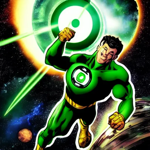 Image similar to Green Lantern fighting in space with Black Adam, comic style, planets on the background, dramatic, dark lighting, HQ