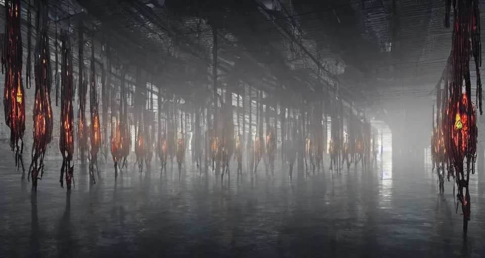 Prompt: illustration of rows of limp bodies hanging on display in a cold warehouse, refrigerated storage facility, rolling fog, cyberpunk, dystopian, dramatic lighting, unreal engine 5, colorful