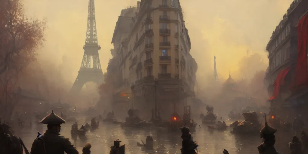 Image similar to paris in 1 9 1 7, extremely detailed digital painting, in the style of fenghua zhong and ruan jia and jeremy lipking and peter mohrbacher, mystical colors, rim light, beautiful lighting, 8 k, stunning scene, raytracing, octane, trending on artstation