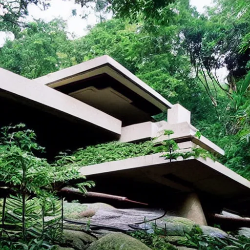 Prompt: a house designed by frank lloyd wright in the middle of the jungle,