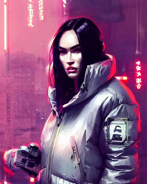 Prompt: detailed portrait megan fox cyborg operator girl cyberpunk futuristic neon reflective puffy coat, decorated with traditional japanese ornaments by ismail inceoglu dragan bibin hans thoma greg rutkowski alexandros pyromallis nekro rene margitte illustrated perfect face, fine details, realistic shaded, fine - face, pretty face