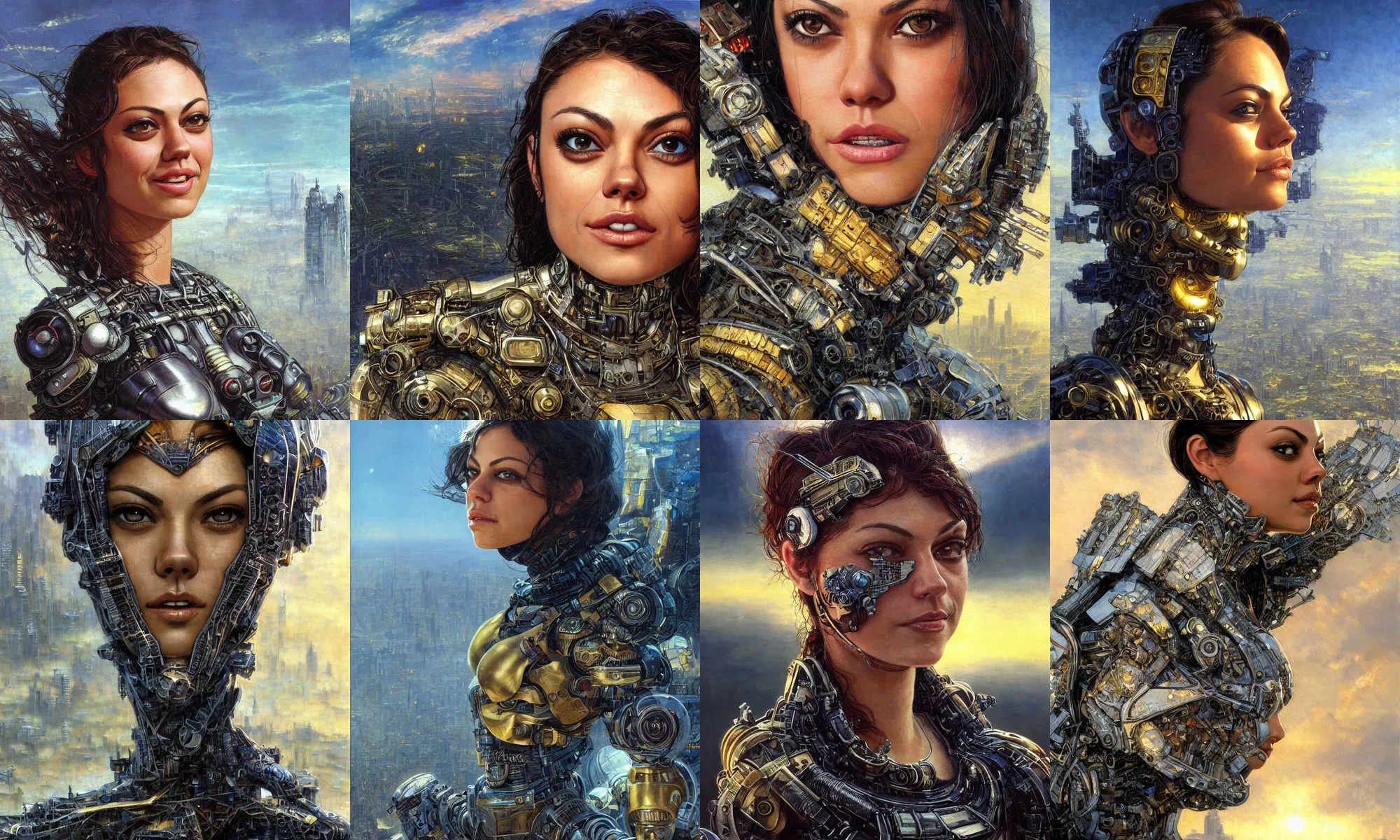 Image similar to close - up portrait of epic young mila kunis smiling into camera, intricate cyborg armor, vista of futuristic city, windy, golden hour, wlop, by gerald brom, by mikhail vrubel, by peter elson, muted colors, extreme detail, trending on artstation