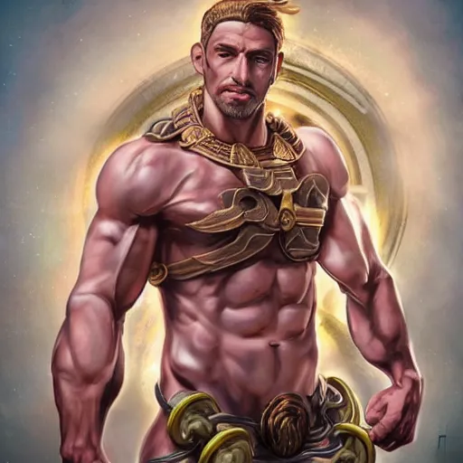 Image similar to handsome portrait of a spartan guy bodybuilder posing, intricate details, trending on artstation, sharp focus, caustics, radiant light, translucence, style of vento aureo cover art, style of stone ocean cover art, style of steel ball run cover art, ilya kuvishinov style, illustrated by hirohhiko araki