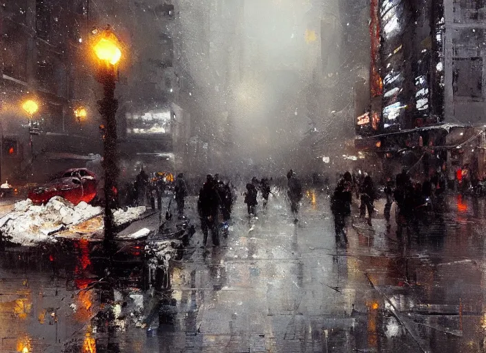 Prompt: a cityscape in winter painting by jeremy mann, street - level, dripping oil paint, thick brushstrokes, high resolution