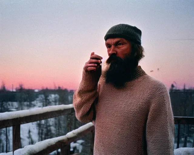 Image similar to lomographic tarkovsky film still of 4 0 years russian man with beard and sweater standing on small hrushevka 9 th floor balcony in taiga looking at sunset, perfect faces, cinestill, bokeh