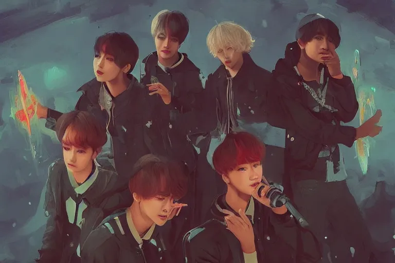 Prompt: “ a portrait of members of bts band, rainy background, bright art masterpiece artstation. 8 k, sharp high quality artwork in style of jose daniel cabrera pena and greg rutkowski, concept art by tooth wu, hearthstone card game artwork. ”