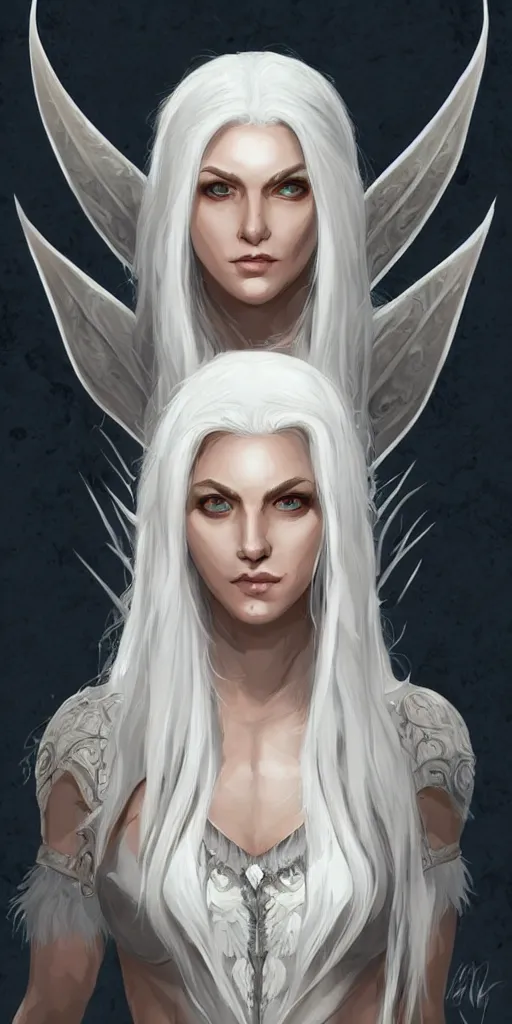 Prompt: white haired elven woman, wearing a wolf pelt, upper half portrait, centered, muscular, dnd, intricate, highly detailed, sharp, digital painting, artstation, cell shading