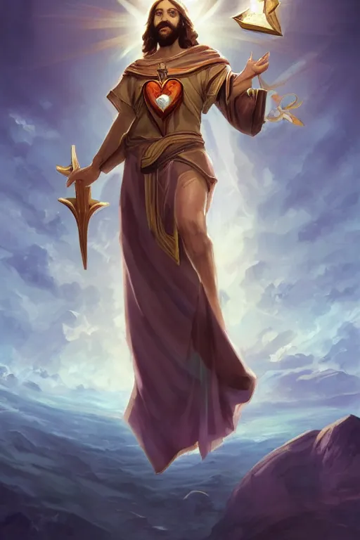 Image similar to A card of Jesus Christ as a DOTA 2 character holding a Sacred Heart armor, card game, card, trade card game, Artifact Dota2, by Stanley Artgerm Lau, WLOP, Rossdraws, James Jean, Andrei Riabovitchev, Marc Simonetti, Yoshitaka Amano, ArtStation, CGSociety,