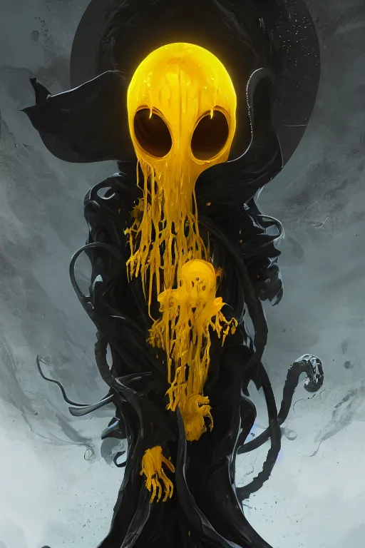 Image similar to A full body portrait of a mysterious character with no face with a very long hooded yellow cloak with black tentacles coming out the bottom and eyes floating in the air art by Maciej Kuciara and Jason Chan, ominous, cosmic horror, trending on artstation, Ultra detailed, hyper realistic 4k