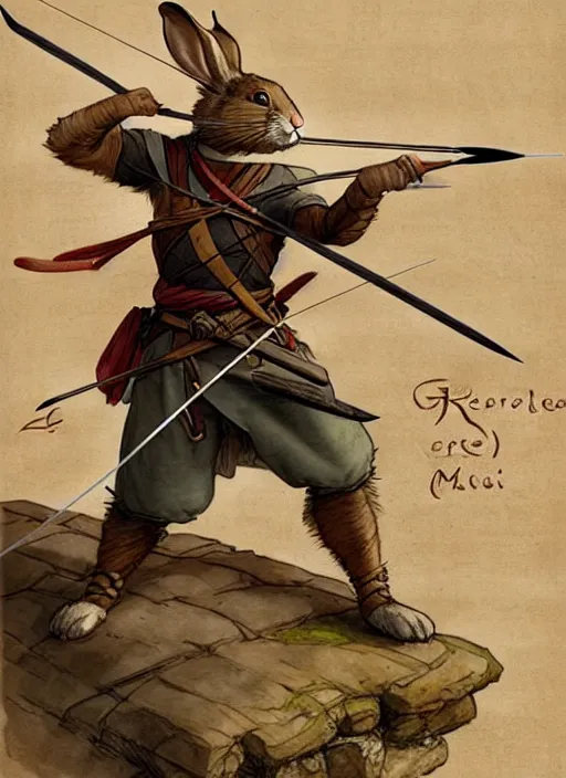 Image similar to a heroic rabbit archer with bow and arrow on a parchment background, redwall, greg rutowski and jean baptiste monge, detailed, epic fantasy concept art