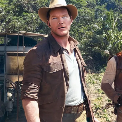 Prompt: chris pratt as indiana jones together with harrison ford, instagram, cinematic, natural lighting, genuine smile