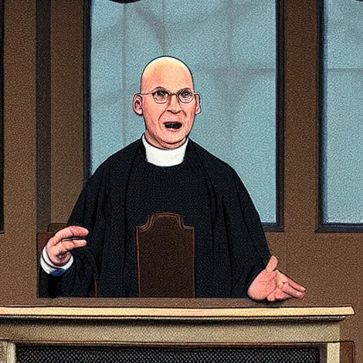 Prompt: old bald pastor with glass preaching vile nonsense