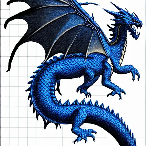 Prompt: blueprint of a fantasy dragon pixel art