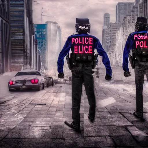 Prompt: a ice masked three polices on the streets of dystopian megalopolis, digital art, photo-realistic, dramatic colors, 4k