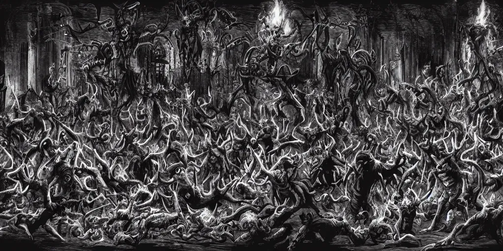 Image similar to demonish scene with many small demons and one bigger in the middle, red color, candles, bodies, gore, black and white, monochromatic