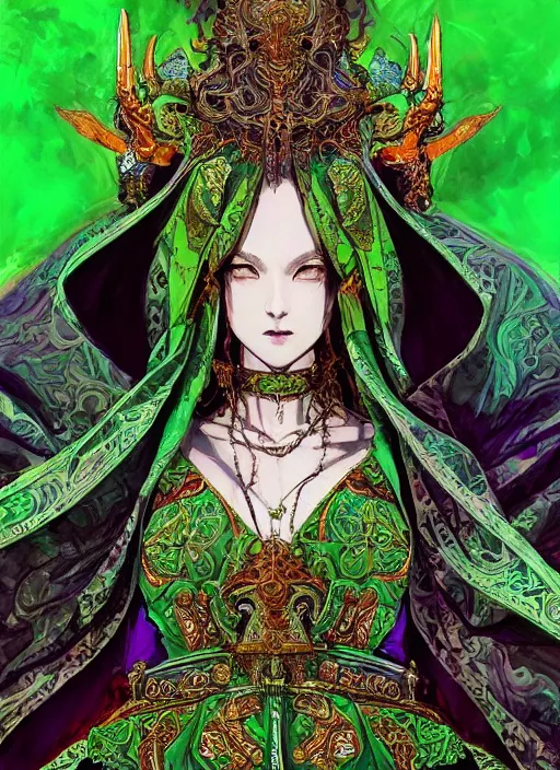 Prompt: Half-body portrait of a beautiful high priestess in ornate green church robe, vibrant colours, chosen by the satanic powe, ornate. In style of Yoji Shinkawa and Hyung-tae Kim, trending on ArtStation, dark fantasy, concept art, highly detailed, dynamic pose.