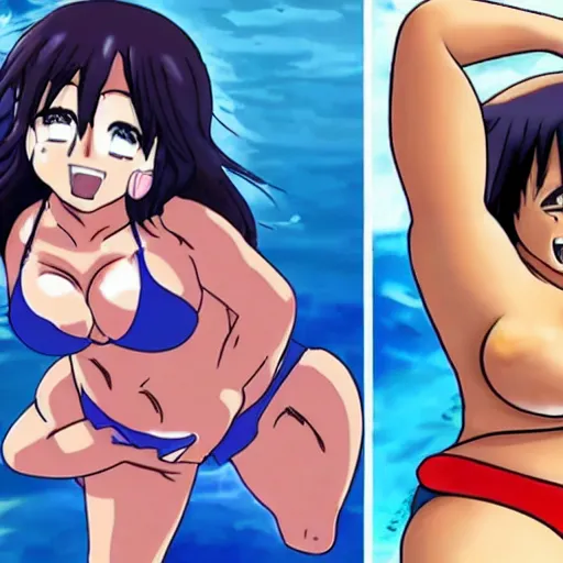 Image similar to danny devito wearing a bikini in the style of anime