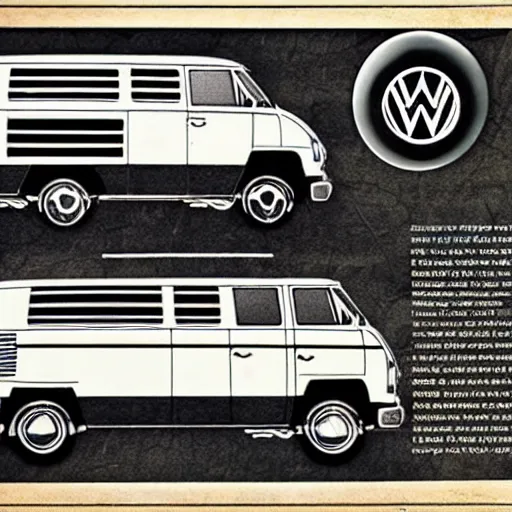 Prompt: detailed schematic for a vw vanagon with rocket engines, faded parchment, aged, descriptions, highly detailed, 8 k,