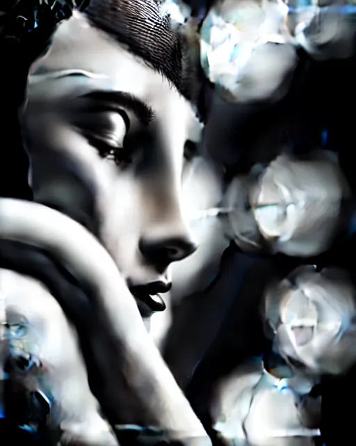 Image similar to black and white dreamy young beautiful female artificial intelligence, metropolis, cinematic, rim light, bokeh, photo - realistic, elegant, high detail, 8 k, masterpiece, photo taken in 1 9 3 0