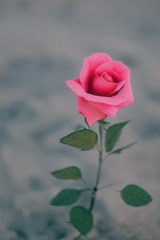 Prompt: agfa vista 4 0 0 photograph of a single rose growing in the desert sand, synth vibe, vaporwave colors, lens flare, moody lighting, moody vibe, telephoto, 9 0 s vibe, blurry background, grain, tranquil, calm, faded!,