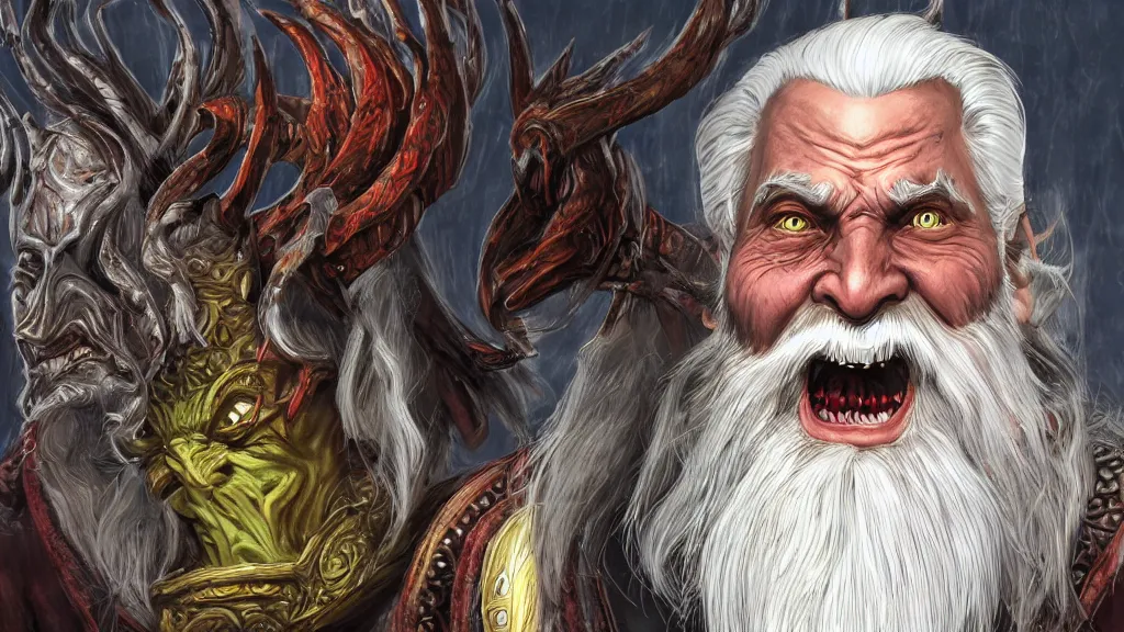 Image similar to bright, colorful, realistic, detailed from Elder Scrolls: Shivering isles concept art of The Mad God Sheogorath with a madsmile, combed white short beard and slicked back white hair backlighting, kodachrome, high contrast, highly detailed, sharp focus, digital painting, concept art, illustration, trending on artstation, comic book by Alex Ross and Adam Adamowicz cover art