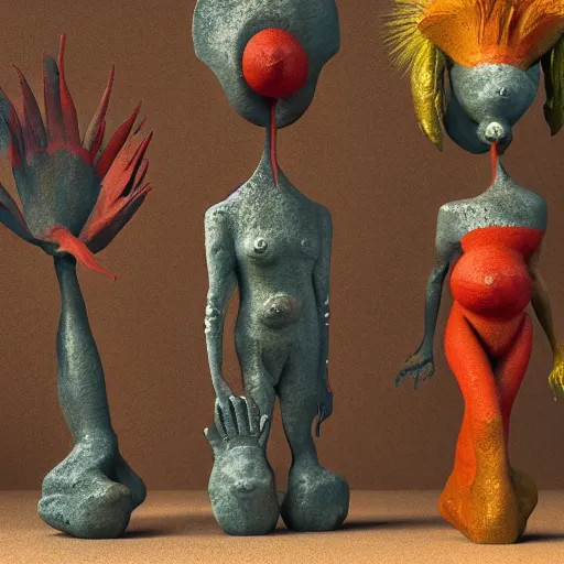 Prompt: weird and strange creatures, painted by max ernst, but as clay figures, octane render