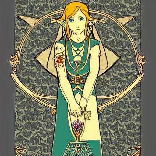 Image similar to the legend of Zelda, in the style of art nouveau,