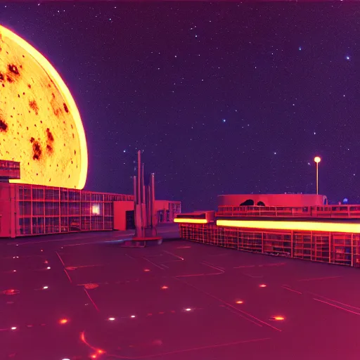 Prompt: low angle shot of a space port at night, pulp art, cinematography by Jim Jarmusch, set design by Joseph Leyendecker and Robert McGinnis and Alfred Henry Maurer, 3d octane blender render, Hipple and boho fashion 1970s, kraut rock soundtrack