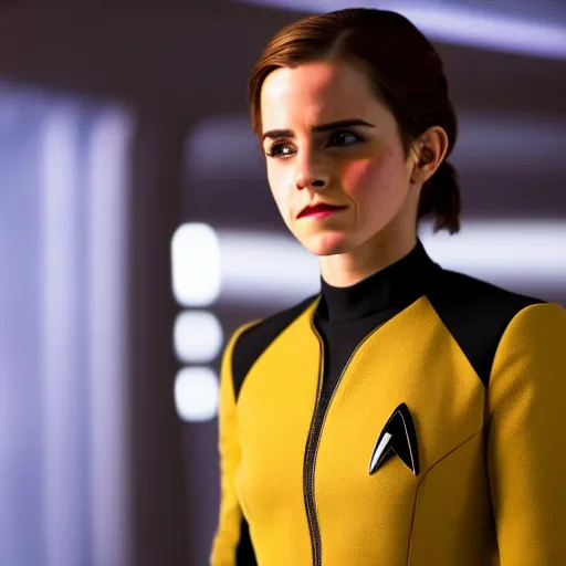 Image similar to Emma Watson in Star Trek, XF IQ4, f/1.4, ISO 200, 1/160s, 8K, Sense of Depth, color and contrast corrected, unedited, RAW, Dolby Vision, symmetrical balance, in-frame