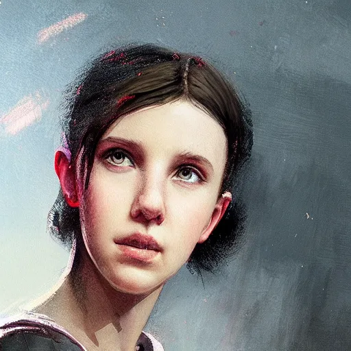 Image similar to a highly detailed epic cinematic concept art CG render digital painting artwork: Millie Bobby Brown. By Greg Rutkowski, Ilya Kuvshinov, WLOP, Stanley Artgerm Lau, Ruan Jia and Fenghua Zhong, trending on ArtStation, subtle muted cinematic colors, made in Maya, Blender and Photoshop, octane render, excellent composition, cinematic atmosphere, dynamic dramatic cinematic lighting, precise correct anatomy, aesthetic, very inspirational, arthouse