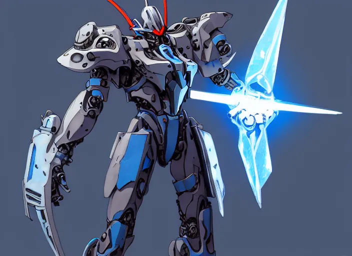 Image similar to character design digital 2 d man viking evangelion cyborg blue armor with and hologram gun by gaston bussiere, anna nikonova aka newmilky, greg rutkowski, yoji shinkawa, yoshitaka amano, tsutomu nihei, muira, moebius, donato giancola, trending on artstation, featured on pixiv