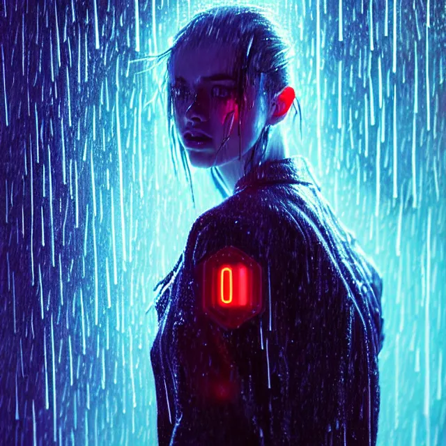 Image similar to bright asthetic portrait LSD glowing backlit rain on face and wet hair, cyberpunk, overhead lighting, fantasy, intricate, elegant, dramatic lighting, highly detailed, lifelike, photorealistic, digital painting, artstation, illustration, concept art, smooth, sharp focus, art by John Collier and Albert Aublet and Krenz Cushart and Artem Demura and Alphonse Mucha