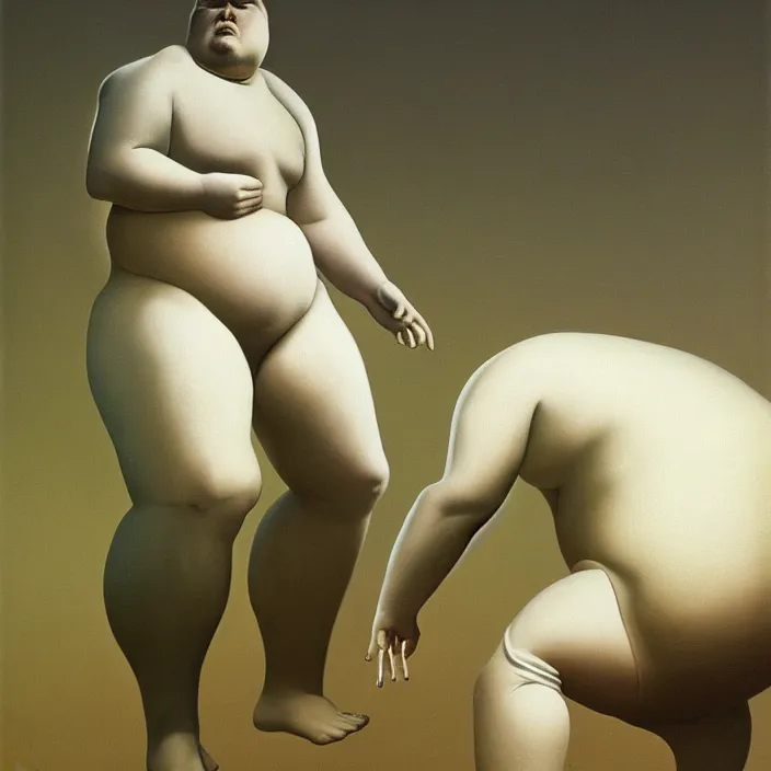 Image similar to portrait of a fat man standing, dressed in all white futuristic bodysuit with a bionic leg Edward Hopper and James Gilleard, Zdzislaw Beksinski, highly detailed