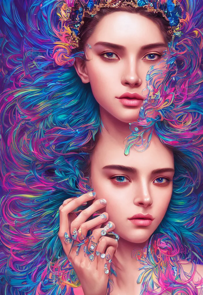 Image similar to beautiful, young woman, detailed gorgeous face, vaporwave aesthetic, synthwave, colorful, psychedelic, water droplets, feathers, crown, artstation, concept art, smooth, extremely sharp detail, finely tuned detail, ultra high definition, 8 k, unreal engine 5, ultra sharp focus, illustration, art by artgerm and greg rutkowski and alphonse mucha