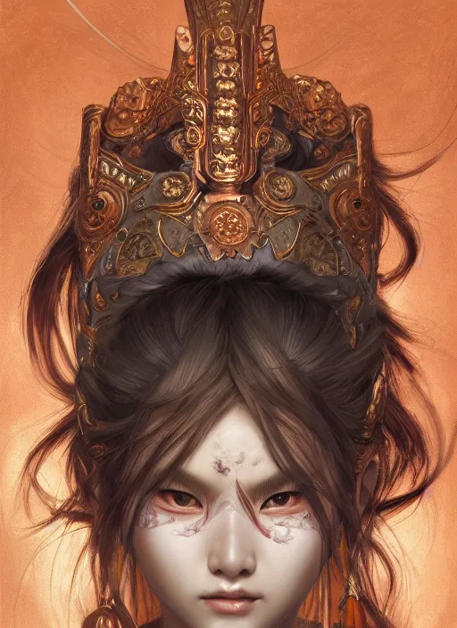 Prompt: a beautiful detailed oil on copper art illustration of a japanese basara mask woman, centered, by charlie bowater, zeng fanzh, trending on artstation, dim dusk lighting, cinematic lighting, detailed lighting, volumetric lighting, realistic, f 8, 4 k hd wallpaper