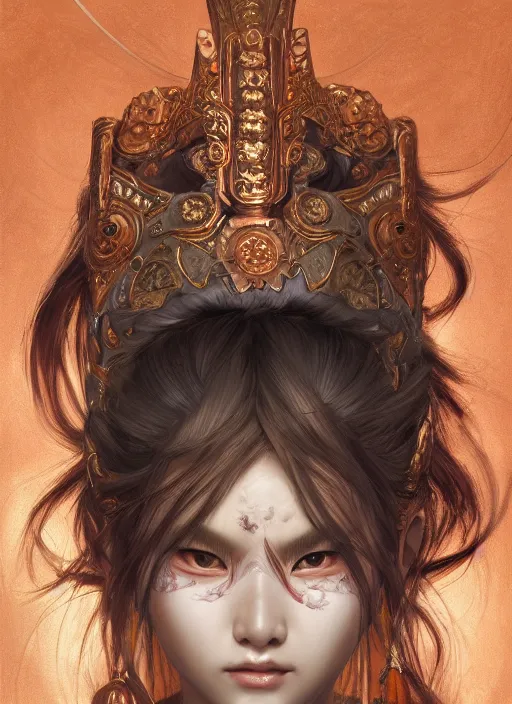 Image similar to a beautiful detailed oil on copper art illustration of a japanese basara mask woman, centered, by charlie bowater, zeng fanzh, trending on artstation, dim dusk lighting, cinematic lighting, detailed lighting, volumetric lighting, realistic, f 8, 4 k hd wallpaper