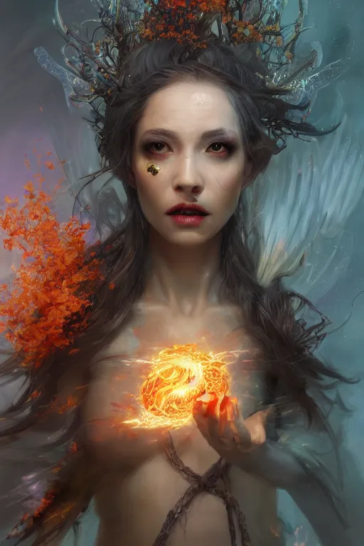 Image similar to face closeup of beautiful girl necromancer, witch - doctor exploding into flowers, angels, 3 d render, hyper - realistic detailed portrait, holding fire and electricity, leaves and magic, ruan jia, wlop. scifi, fantasy, magic the gathering, hyper detailed, octane render, concept art, peter mohrbacher