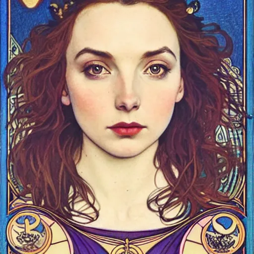 Image similar to jodie comer portrait by louis - theophile hingre and alphonse mucha, realistic, sharp focus, zodiac signs, tarot cards, planets, ethereal, art nouveau, magic, moon, sun, crown, dreamy, royal, jewellery