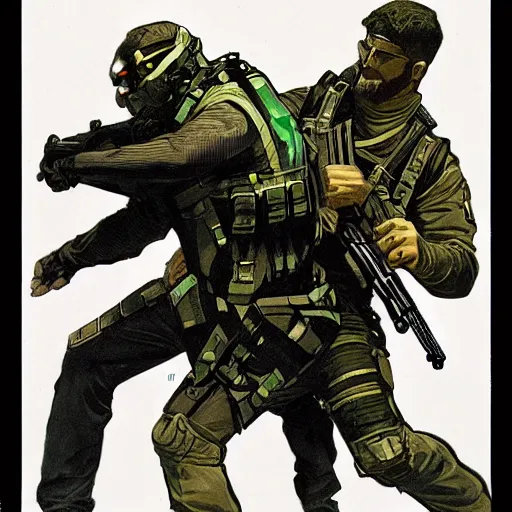 Image similar to Sam Fisher blackops operator choking out a guard. rb6s, MGS, and splinter cell Concept art by James Gurney, Alphonso Mucha. Vivid color scheme.