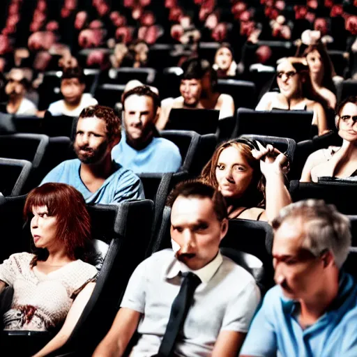 Prompt: people in a very dark full dark movie theatre playing on their cellphones