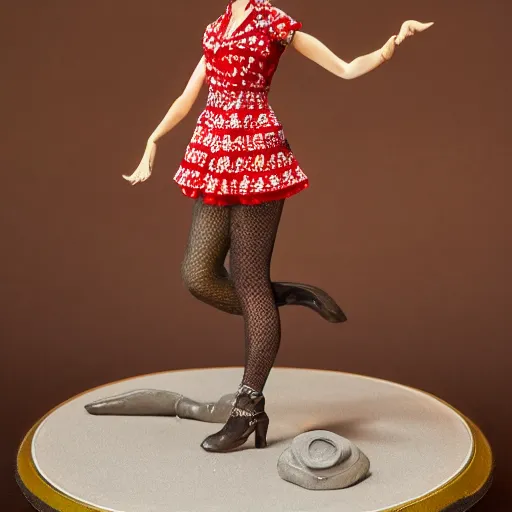 Prompt: New Margaret Le Van Alley Cats fashion statuette, wearing festive clothing, full body render, museum quality photo