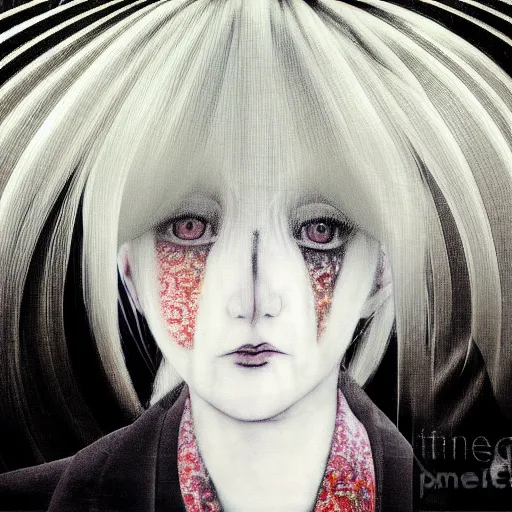 Image similar to yoshitaka amano blurred and dreamy realistic three quarter angle portrait of a woman with white hair and black eyes wearing dress suit with tie, junji ito abstract patterns in the background, satoshi kon anime, noisy film grain effect, highly detailed, renaissance oil painting, weird portrait angle, blurred lost edges