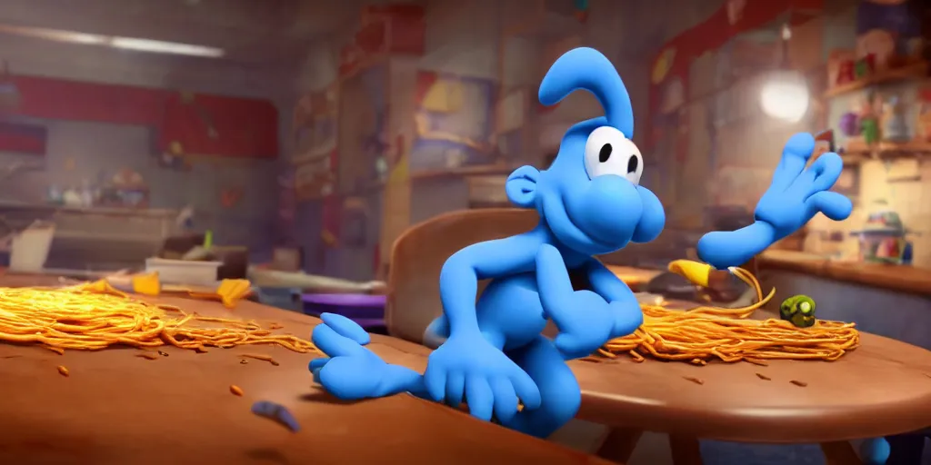 Image similar to still frame from the video game smurf spaghetti, award - winning, stunningly realistic, volumetric lighting, coherent, no artifacts, cinematic, atmospheric, studio quality