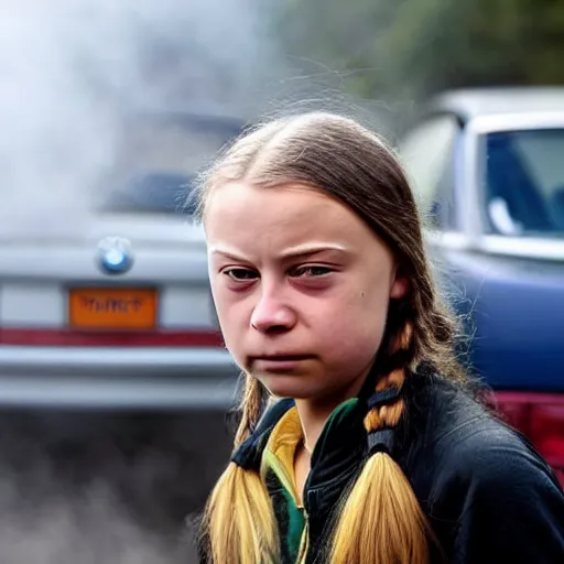 Image similar to close - up of angry greta thunberg with a bmw m 3 e 3 0 in the background, spewing black smoke from it's exhaust