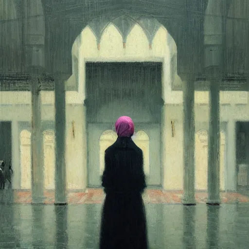 Prompt: detailed face of a woman, moment, courtyard, capital, cyberpunk mosque interior, control panel, watcher, omniscient, tech noir, wet reflections, impressionism, atmospheric, ambient, speed painting, livia prima, edward hopper