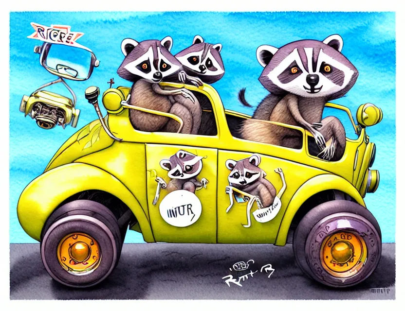 Image similar to cute and funny, racoon riding in a tiny hot rod with oversized engine, ratfink style by ed roth, centered award winning watercolor pen illustration, isometric illustration by chihiro iwasaki, edited by range murata, tiny details by artgerm and watercolor girl, symmetrically isometrically centered