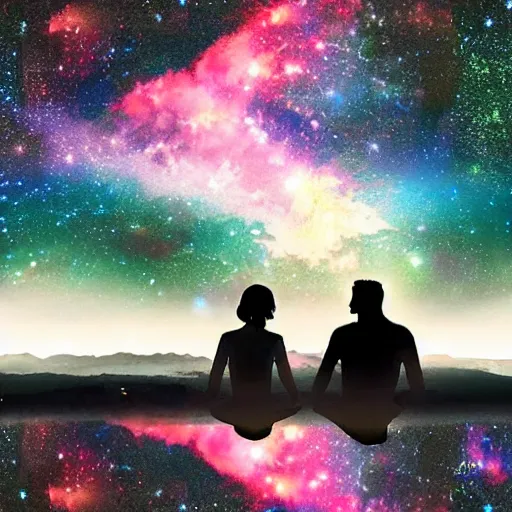 Prompt: a beautiful landscape showing mountains, stars and galaxies in the background. The silhouet of a young couple sits in the foreground, anime style