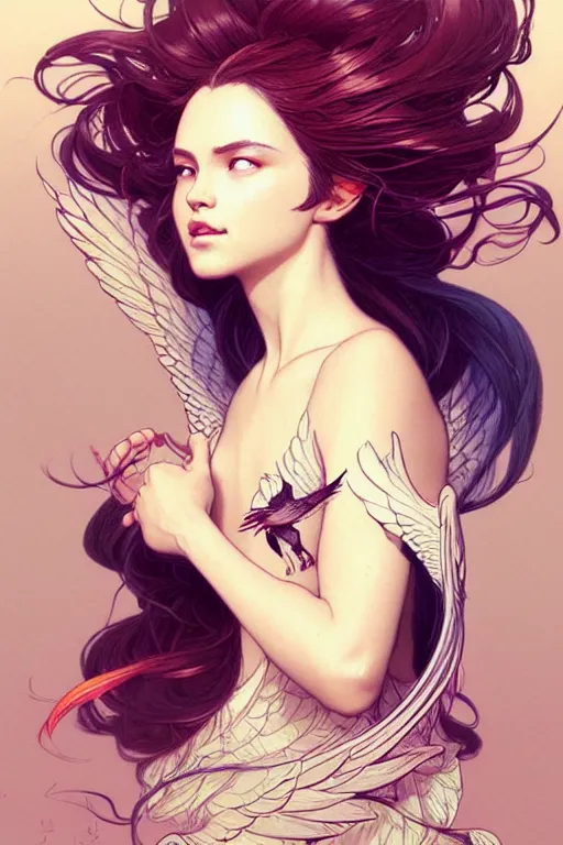 Image similar to portrait of woman with flowy hair, bird wings, confident pose, pixie, genshin impact, intricate, elegant, sharp focus, illustration, highly detailed, concept art, matte, trending on artstation, bright colors, art by wlop and artgerm and greg rutkowski, mucha, marvel comics